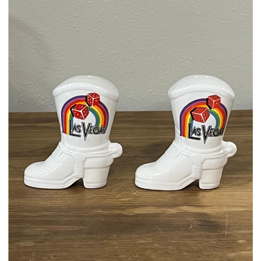 Vtg Las Vegas Boot Salt Pepper Shakers Casino Dice Retro Souvenir Kitsch Set